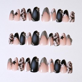 French Tip Press on Nails Medium Almond Fake Nails Press Ons Black White with Cool Designs Sliver Beads Metal Texture Star Glossy Glue on Nails Nude Artificial Stick on Nails for Women Girls 30 Pcs