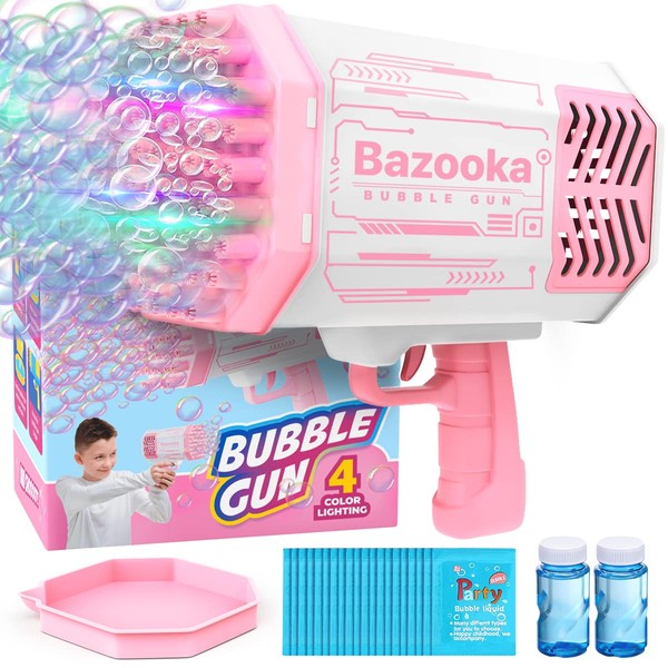 Automatic Bubble Machine Gun - Pink Bubble Gun for Kids, Adults, Bright Bubble Blaster Gun with 69 Holes, LED Lights, 5000 Bubbles per Minute, Miracle Bubble Gun Blaster for Indoor & Outdoor