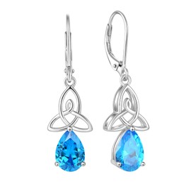 Lwsary Irish Celtic Knot Dangle Drop Earrings 925 Sterling Silver Teardrop Leverback Earrings Aquamarine March Birthstone Jewelry Gifts for Women