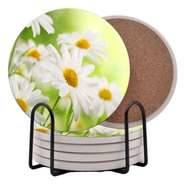 Flowers Daisy Floral Round Coasters Set of 6 - Abosrbent Ceramic Coasters with Metal Stand for Drinks, Coffee, Non-Slip Cork Back for Tabletop Protection, 4 Inches (Daisy)