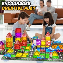Magnetic Tiles City Road Set Kids Toys for 3 Year Old Boys Girls Magnetic Building Blocks with Cars Toys Construction Educational Magnets Tiles Gifts for Kids Toddlers Age 3-5 4-8 6 Christmas Birthday