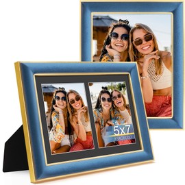 KSROECUD 8.5x11 Velvet Picture Frame with 2 Openings 5x7 Pictures, HD Real Glass Navy Blue Velvet Photo Frame with Black White Border Mat, Gold Border Horizontal & Vertical Display for Tabletop or Wall Decor (2 Pack)