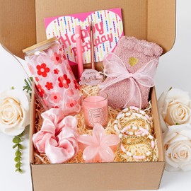 Birthday Gifts for Teen Girls, Gift Baskets for Women, Thinking of You Gifts for Her, Women, Sister, Daughter, Friends, Granddaughter, Teenage Girls, Daisy Flower Printed Glass Cup Gift Set 9-PCS