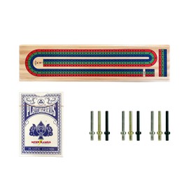 Tradeopia 3 Track Wooden Cribbage Board Game with Built-in Storage, 9 Metal Pegs, and 1 Deck of Playing Card, Wooden Cribbage Game Set, 3 Track Cribbage, Travel Cribbage Board