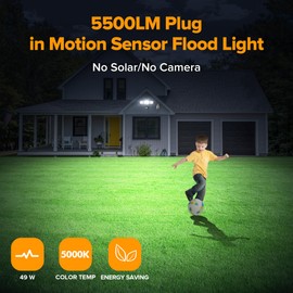 LUTEC 49W Motion Sensor Outdoor Lights, 5500 LM Plug in Flood Light Outdoor, Dusk to Dawn, IP65 Waterproof Security Lighting, 5000K Daylight, Adjustable Wall-Mounted for Garage, Yard, Porch (Black)