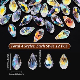 AHANDMAKER 48Pcs Faceted Teardrop Crystal Beads, 4 Styles Clear AB Teardrop Glass Beads, Top Drilled Crystal Grid Teardrop Chandelier Dangle Pendants for DIY Craft Jewelry Making Suncatcher Home Decor