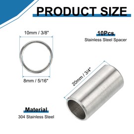 PATIKIL 304 Stainless Steel Spacer, 10 Pcs Round Metal Spacer 8mm Bore x 10mm OD x 20mm Length Unthreaded Screw Standoff Bushing for 5/16" ID Screws Bolts and Rods