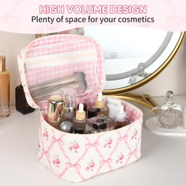 Makeup Bag for Women, Wide-open Easy to Take, Convenient to Carry, Toiletry Cosmetic Skincare, Quilted Travel Pouch Case, Purse Organizer Large