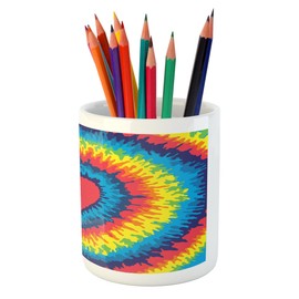 Lunarable Heart Pencil Pen Holder, Heart Shaped Colored Vibrant Loose Ikat Valentines Love Seventies Folk Love Theme, Printed Ceramic Pencil Pen Holder for Desk Office Accessory, Multicolor