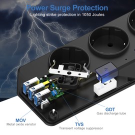AUOPLUS Steckdosenleiste Einzeln Schaltbar, 5 Fach Mehrfachsteckdose mit 1 USB-C und 3 USB-A, Steckerleiste 1berspannungsschutz (3680W/16A), Verteilersteckdose mit Kindersicherung f1r Zuhause, B1ro, 3M Kabel