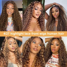 Ladoux Ombre Lace Front Wig Human Hair 13x4 HD Transparent Deep Wave for Women 180% Density 4/27 Honey Blonde Colored Highlight Curly Glueless Wigs 24Inch Pre Plucked with Baby Hair