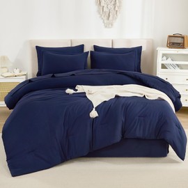 Litanika King Size Comforter Set Navy Blue - 7 Pieces Bed in a Bag King Beddding Comforter Sets, Solid Lightweight Bed Set with Comforter, Sheets, Pillowcases & Shams