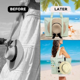 LEDAOU Beach Bags for Women with Sun Hats, Beach Bags Waterproof Sandproof, Packable Beach Tote Bag with Zipper Travel Sports (Green and white stripes)