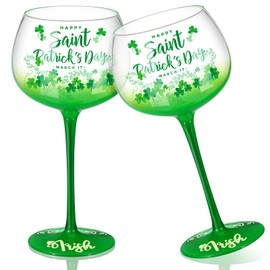 2 Pcs St. Patrick's Day Wine Glasses 14 oz Green Shamrock Drinking Glasses Lucky Shamrock Goblet for St. Patrick's Day Party Supplies