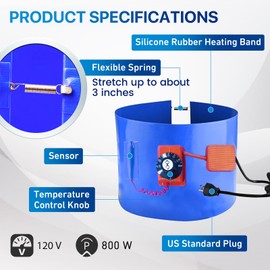 UPGRADED Blue 5 Gallon Metal Drum Heater with Twist Temperature Control, YeloDeer 120V 800 Watt Barrel Heater Band for Swamp Bucket Boiler Operates in 86 ℉-302 ℉ for Honey Pail