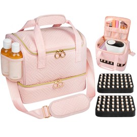 Veirdro Nail Polish Organizer Bag Holds 80 Bottles (15ml/0.5fl.oz)& Nail Lamp, Soft Velvet Nail Kit Storage Carrying Case with Shoulder Strap, Double Layer Nail Supplies Organizer Handbag Women Black