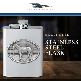 Heritage Pewter Racehorse Flask | 8 Ounce Liquor Flask Container - Stainless Steel | Intricately Crafted Metal Pewter Racehorse Inlay