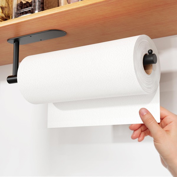 Paper Towel Holder - Self-Adhesive or Drilling Paper Towel Hanging Under Cabinet Wall Mount for Kitchen, Bathroom, Pantry, Sink Storage and Organization, Stainless Steel Black Paper Towel Holder