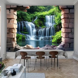 FENDROM Nature Forest Waterfall Tapestry,Polyester Wall Hanging 3D Stereoscopic Window View Sense Wall Art,Landscape Waterfalls Forest Plant Background for Bedroom Living Room Dorm Decor