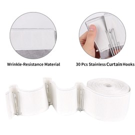 Curtain Pleat Tape, 10 Meters/10.9 Yards Pleater Tape for Curtains, Included 30 Pcs Stainless Steel 4 Prongs Curtain Pleater Hooks for DIY Pinch Pleat Curtain, White