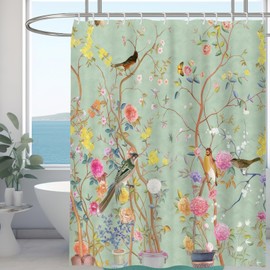 Minicoco Shower Curtain Mould Proof Resistant Wet Room Shower Curtain 100% Polyester Waterproof Bathroom Curtains Floral Shower Curtain Scenery with 12 Hooks, 180 x 180 cm (Butterfly Bird Flower)