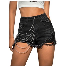 GORGLITTER Women's Chain Decor Raw Hem Mini Denim Shorts Ripped High Waisted Punk Rock Jeans Shorts Black Large