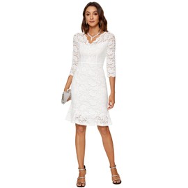 Atnlewhi Women's 3/4 Sleeve V-Neck Formal Evening Bodycon Knee-Length Vintage Lace Dress Elegant Cocktail Dresses, White