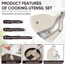 Herogo Silicone Cooking Utensils Set, 7-Piece Kitchen Utensils Set, Heat Resistant Cooking Gadget Tools Slotted Turner, Spoon, Soup Ladle, Pasta Server, Spatula, Tongs for Nonstick Cookware, Khaki