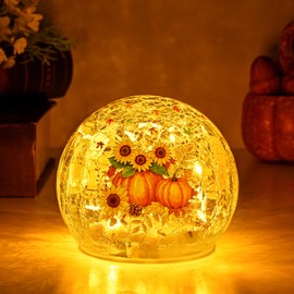 FRAMICS Fall Decorations for Home 4" Sunflower Pumpkin Crackle Glass Balls Led Globe Light with Timer Thanksgiving Decorations Lighted Fall Decor Thanksgiving Centerpieces for Tables Gift