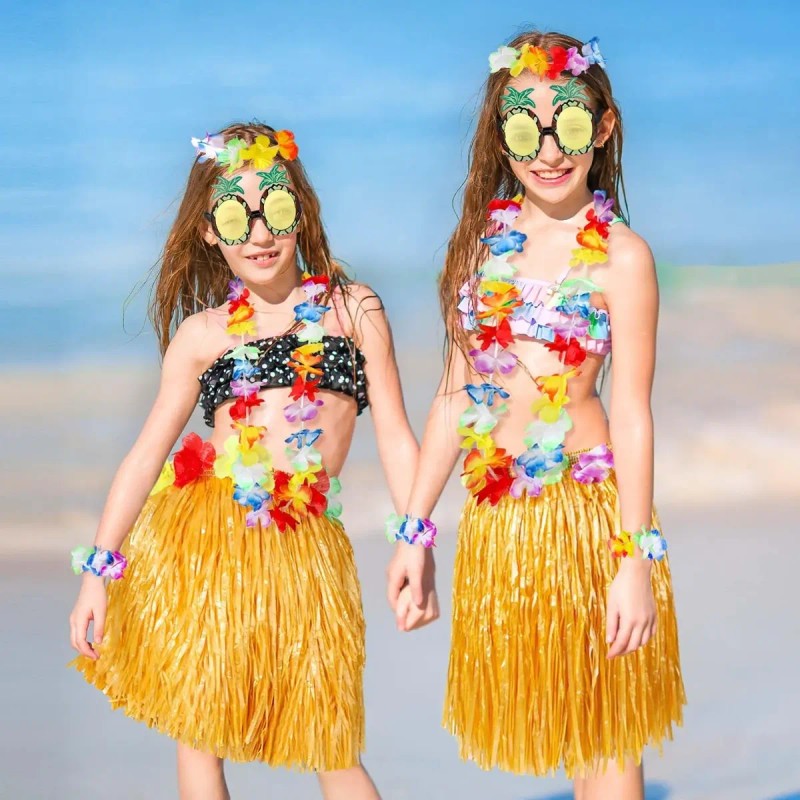 Set Falda Pulseras Collar Diadema Hawaiano Disfraz Fiesta