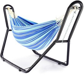 Zupapa Hammock with Stand 2 Person, Upgraded Steel Hammock Frame and Polycotton Hammock, 550LBS Capacity for Indoor Outdoor Use Blue White Stripes