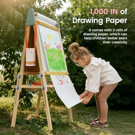Tiny Land Easel for Kids with 2 Drawing Paper Roll, Adjustable Kids Art Easel, Learning-Toy for 3,4,5,6,7,8 Years Old Boy & Girls, Wooden Chalkboard & Magnetic Whiteboard & Painting Paper Pink