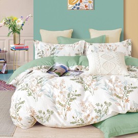 ALEISSEL Natural Cotton 2pcs Botanical Comforter Sets Twin Size-Green Comforter with Luxurious Tan & Gray Leaves on White, Reversible Lightweight Floral Bedding Sets(Twin 68"×90")