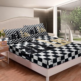 International Chess Decor Bedding Fitted Sheet Board Game Lover Bedding Sheets for Boys Girls Geometric Checkerboard Vintage Bed Sheet Set White Black Bed Cover Room 2Pcs Twin Size