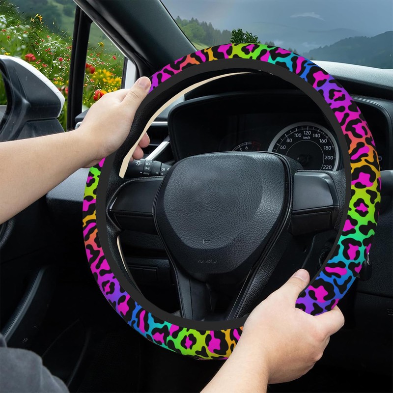 Rainbow Leopard Steering Wheel Cover,Cheetah Spots Elastic Non-Slip Steering Wheel