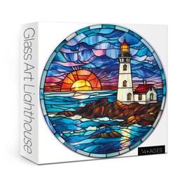 Stained Glass Beach Lighthouse Puzzle for Adults 1000 Piece, Ocean Sunset Jigsaw Puzzle, Nature Landscape Puzzle Scenery
