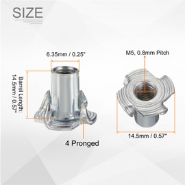 HARFINGTON M5x12mm T-Nuts 4 Pronged Tee Nut 0.57" x 0.47" Fully Thread Carbon Steel Inserts for Wood, Rock Climbing Holds, Cabinetry, Furniture 50pcs