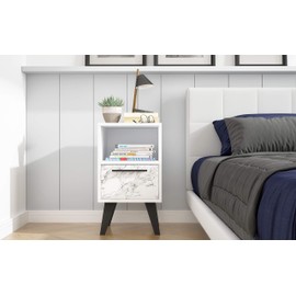 Manhattan Comfort Amsterdam Ultra Modern 1 Drawer Bedroom Nightstand, White Marble