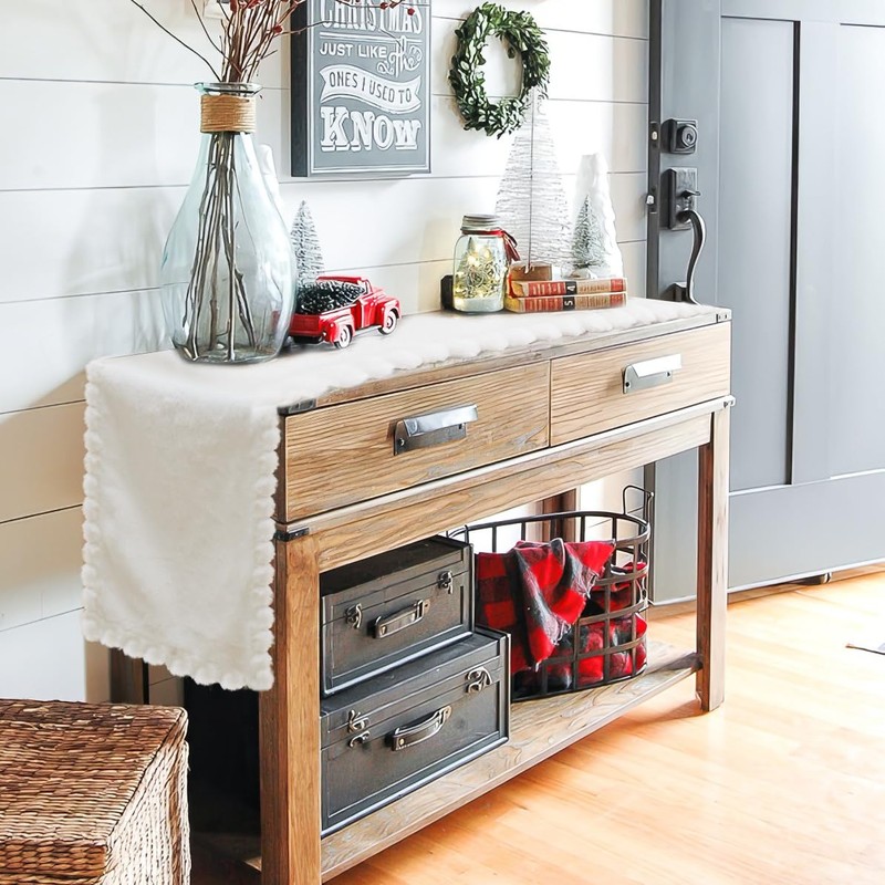 Baccessor White Faux Fur Table Runner, Thanksgiving Christmas Winter Fluffy