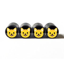AutoValveCaps Happy Cat Face Emoji Tire Valve Caps - Black Aluminum - Set of Four