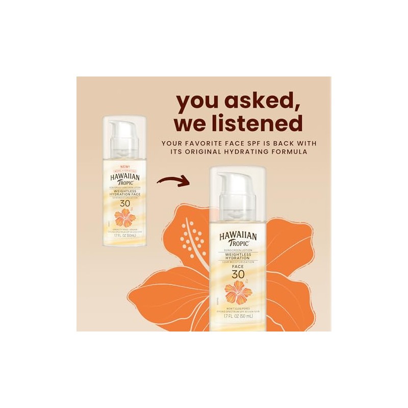 Hawaiian Tropic Silk Hydration Weightless Sunscreen Face Lotion, Broad-Spectrum Protection,