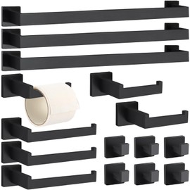 Threehoney 15 Pieces Bathroom Hardware Accessories Set, 23.6 Inch Stainless Steel Bath Towel Bar, Bathroom Hardware Set, Towel Racks Holder for Wall Mounted (Black)