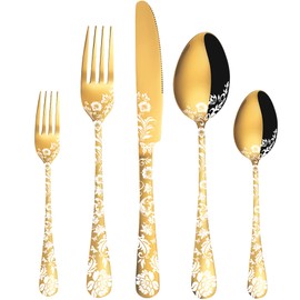 Vilihkc Gold Silverware Flatware Set for 4 Stainless Steel Cutlery Utensil Set, 20 piece Spoon and Fork Set Peony Flower Pattern Design, Mirror Polished Dishwasher Safe