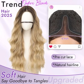 Eawwii Ombre Blonde Long Wavy Wig for Women, Pre-Cut HD Lace Natural Hairline, Glueless Middle Part, Synthetic Fiber for Daily and Party Use 26Inch