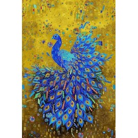 Timeless Treasures Gilded Plume Metallic Blue Royal Peacock on Gold Cotton Fabric by The Panel 24" x 44"