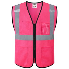 JKSafety Safety Vest for Men Women Hi Vis Construction Vest with Pockets High Visibility Meet ANSI Standard Pink Color (BX310-Pink M) 1 Piece