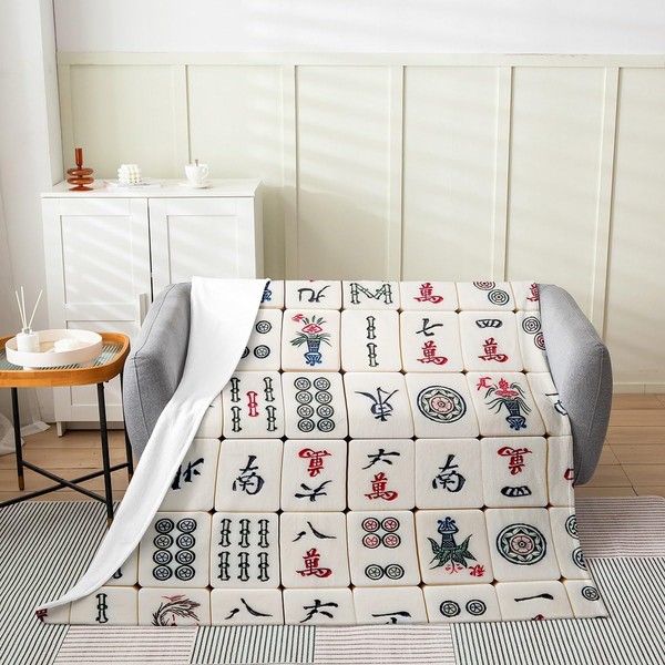 Cute Chinese Game Fleece Throw Blanket Mahjong Flannel Blanket Game