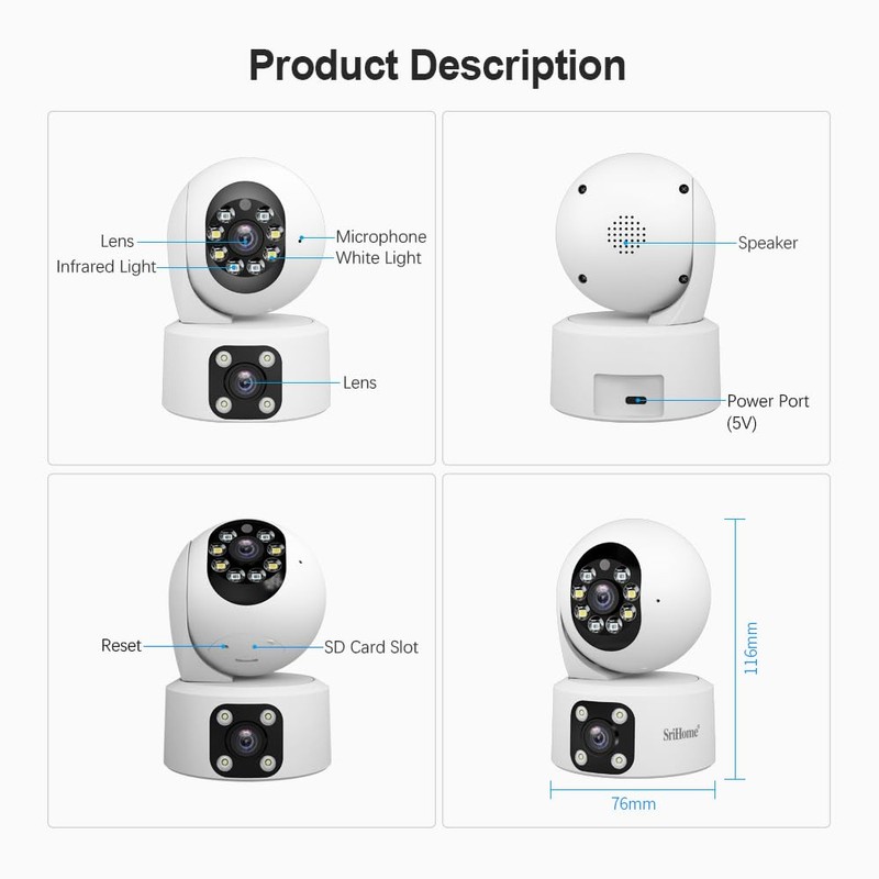 OBA SriHome Security Camera PTZ Dual Lens Night Vision Full