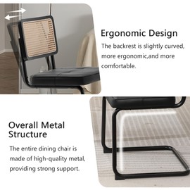 FOREDO Rattan Dining Chairs Set of 2, Mid Century Modern PU Leather Dining Room Kitchen Chairs with Cane Back, Metal Chrome Legs, Upholstered Wicker Armless Accent Chairs, Black