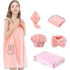 Bath Towels for Women,100% Polyester Soft Bath Towel,Wearable Adult Suspender Bath Skirt,Hairband Shower Cap Towel Set,Four Seasons Wearable Bathrobe